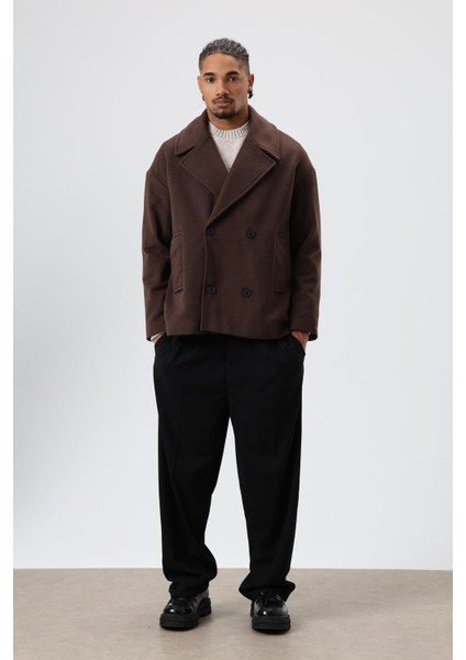 Oversize Kruvaze Kısa Kaşe Ceket Kahve