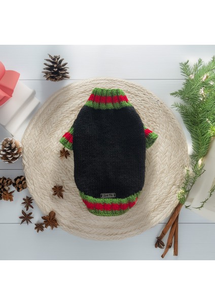 Kedi ve Köpek Için Yeşil Kırmızı Çizgili Siyah Kazak