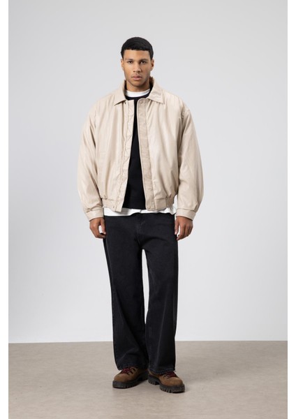 Basıc Suni Deri Oversize Ceket Taş