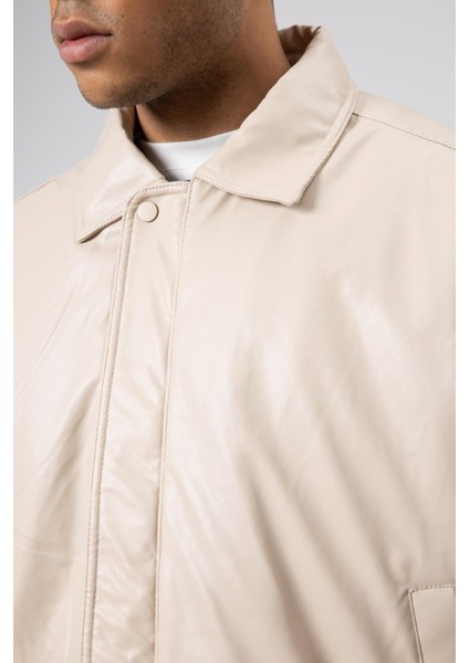 Basıc Suni Deri Oversize Ceket Taş