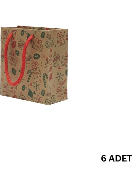 Yılbaşı Desenli Kraft Karton Çanta Seti-6lı, Kırmızı Ipli Parti, Noel, Hediye Çantası, 11X11 cm