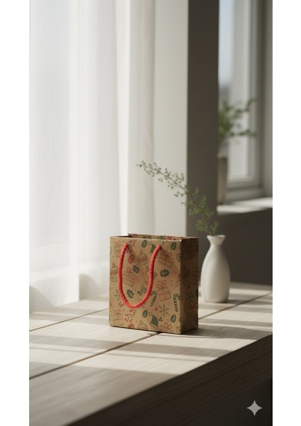 Yılbaşı Desenli Kraft Karton Çanta Seti-6lı, Kırmızı Ipli Parti, Noel, Hediye Çantası, 11X11 cm modelleri