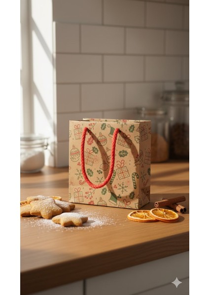 Yılbaşı Desenli Kraft Karton Çanta Seti-6lı, Kırmızı Ipli Parti, Noel, Hediye Çantası, 11X11 cm fırsatları