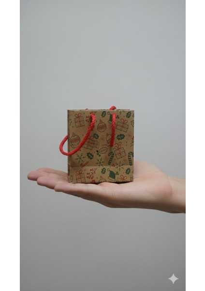 Yılbaşı Desenli Kraft Karton Çanta Seti-6lı, Kırmızı Ipli Parti, Noel, Hediye Çantası, 11X11 cm indirimleri