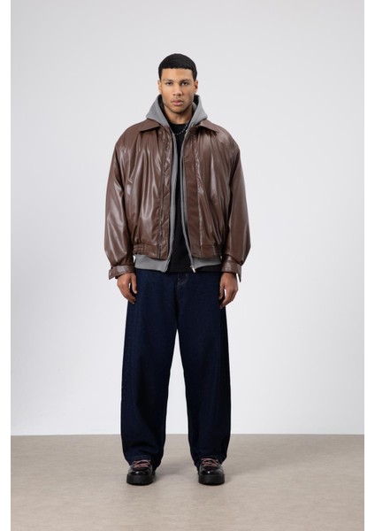 Basıc Suni Deri Oversize Ceket Kahve