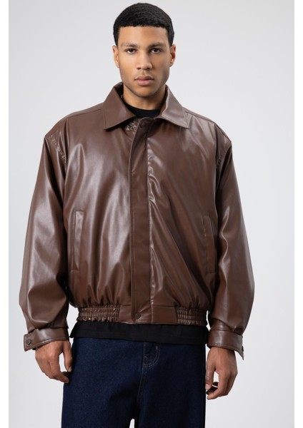 Basıc Suni Deri Oversize Ceket Kahve modelleri