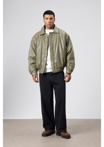 Basıc Suni Deri Oversize Ceket Haki