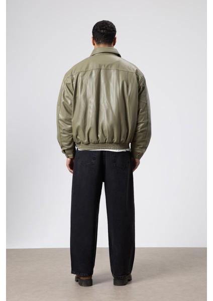 Basıc Suni Deri Oversize Ceket Haki