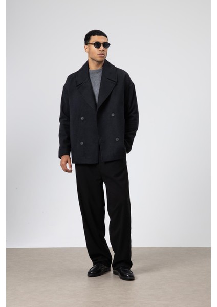 Oversize Kruvaze Kısa Kaşe Ceket Siyah