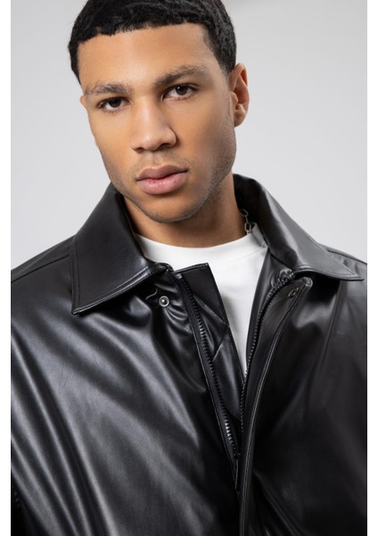 Basıc Suni Deri Oversize Ceket Siyah modelleri