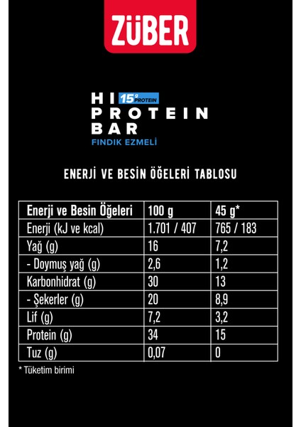 Fındık Ezmeli Yüksek Protein Bar 12 x 45 gr fiyatları