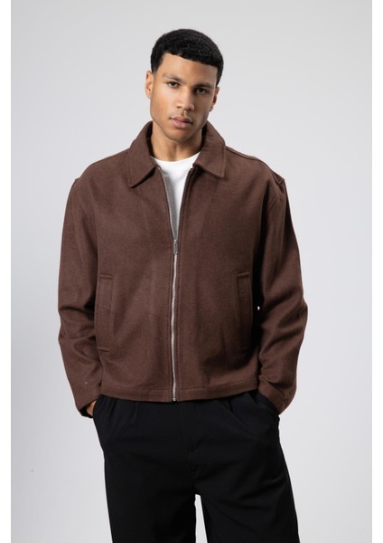 Oversize Fermuarlı Kaşe Ceket Kahve modelleri