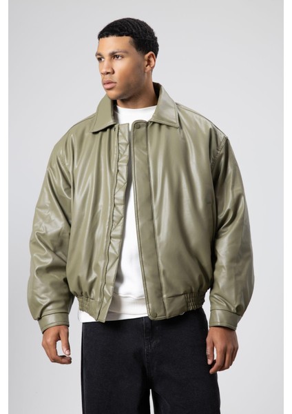Basıc Suni Deri Oversize Ceket Haki fiyatları