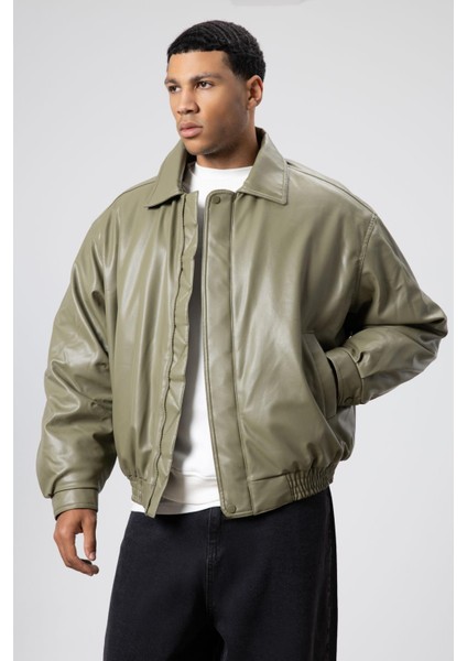 Basıc Suni Deri Oversize Ceket Haki modelleri