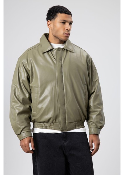 Basıc Suni Deri Oversize Ceket Haki fırsatları