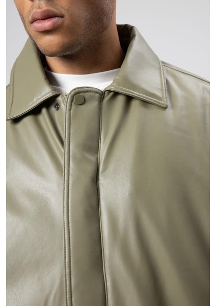 Basıc Suni Deri Oversize Ceket Haki indirimleri