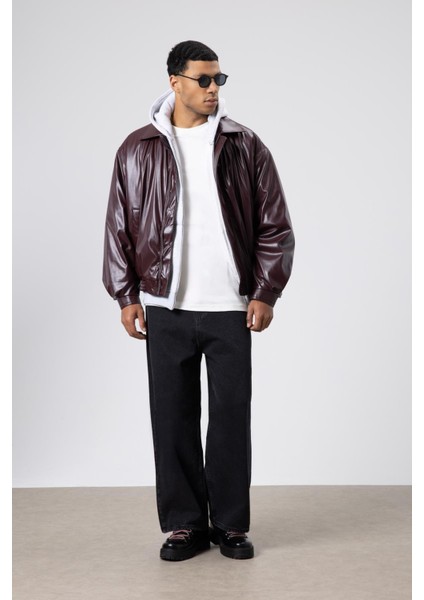Basıc Suni Deri Oversize Ceket Bordo fiyatları
