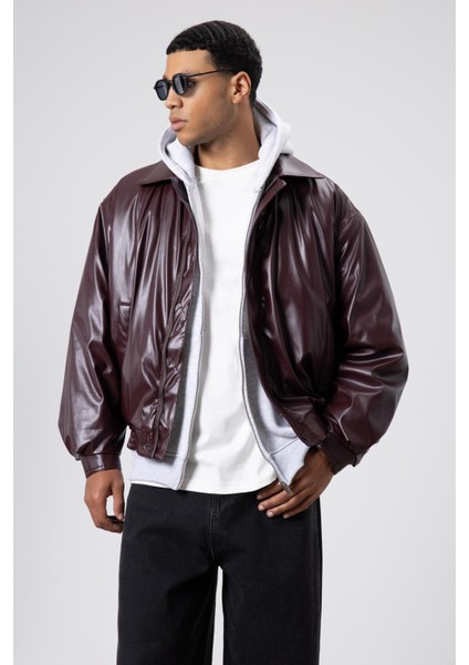 Basıc Suni Deri Oversize Ceket Bordo modelleri