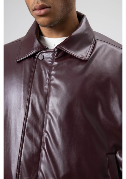 Basıc Suni Deri Oversize Ceket Bordo