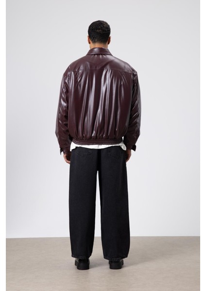 Basıc Suni Deri Oversize Ceket Bordo