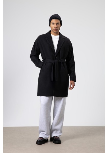 Kemerli Oversize Kaşe Kaban Siyah