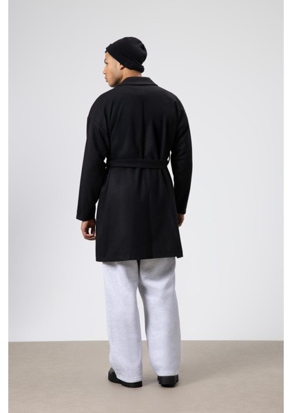 Kemerli Oversize Kaşe Kaban Siyah