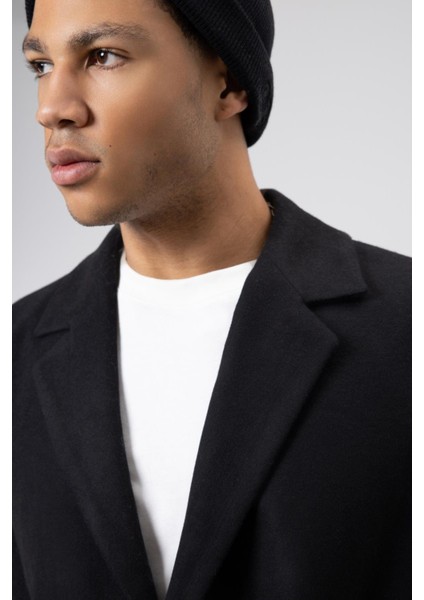 Kemerli Oversize Kaşe Kaban Siyah