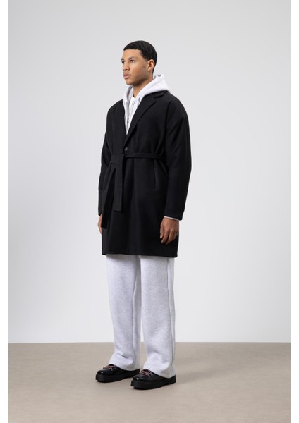 Kemerli Oversize Kaşe Kaban Siyah