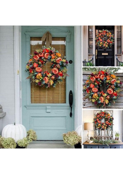 17.7 Inç Sonbahar Çelenk Sonbahar Çelenkleri Dışarıda Ön Kapı Için, Cadılar Bayramı Şükran Günü Için Uygun Kabak Meyveleri ile (Yurt Dışından) fiyatları