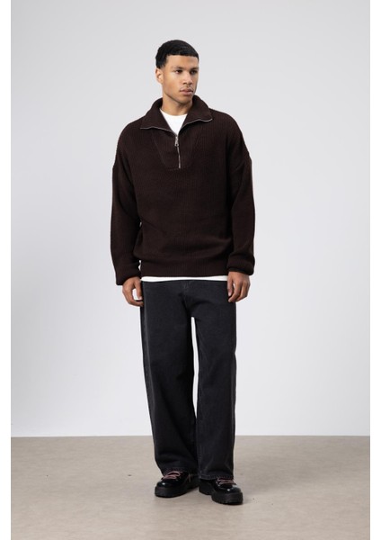 Yarım Fermuarlı Triko Kazak Açık Kahve