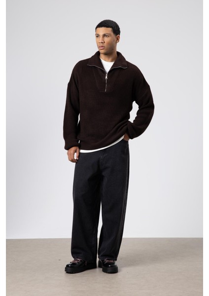 Yarım Fermuarlı Triko Kazak Açık Kahve fiyatları