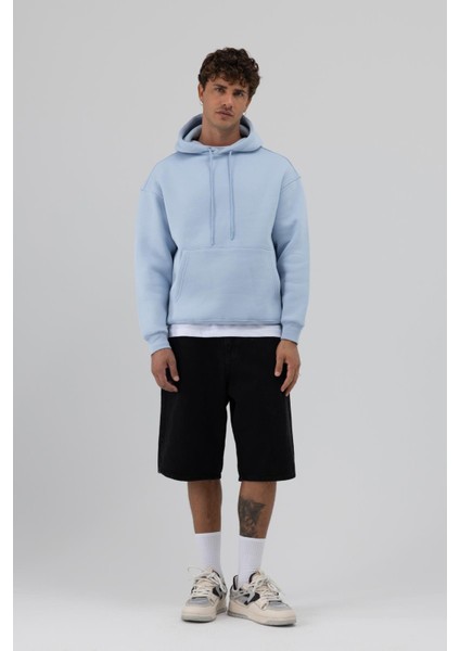 Basic Oversize Kapüşonlu Sweatshirt Bebe Mavi