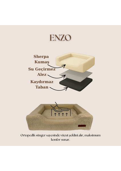 Enzo, Ortopedik Süngerli, Çıkarılabilir Kılıflı, Su Geçirmez Alezli, Tasarım Kedi ve Köpek Yatağı