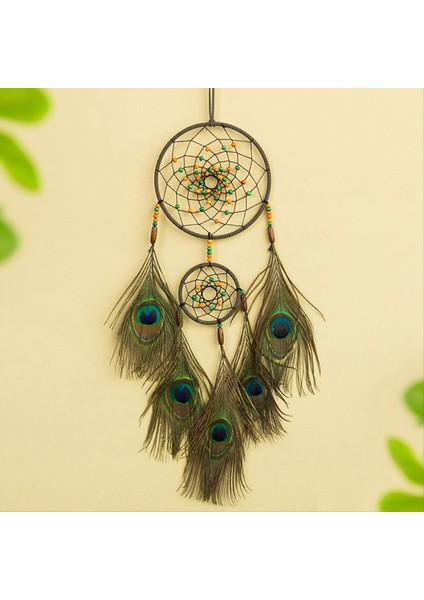El Yapımı Dreamcatcher Çift Yüzük Dairesel Net Tavus Kuşu Tüy Rüzgar Çanları Araba Iç Kolye Ev Odası (Yurt Dışından) fiyatları