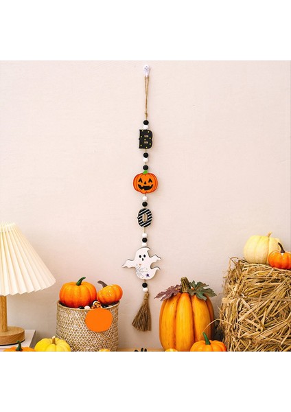 Cadılar Bayramı Ahşap Boncuk Çelenk ile Kabak Yarasa Hayalet-Tassel Rustik Kolye Duvar Asma Çelenk Boncuklu Katmanlı Tepsi Dekor (Yurt Dışından)
