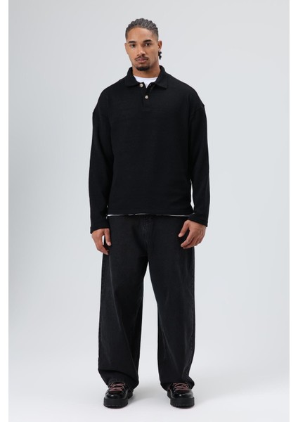 Oversize Polo Yaka Triko Kazak Siyah