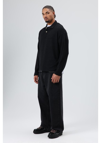 Oversize Polo Yaka Triko Kazak Siyah fiyatları