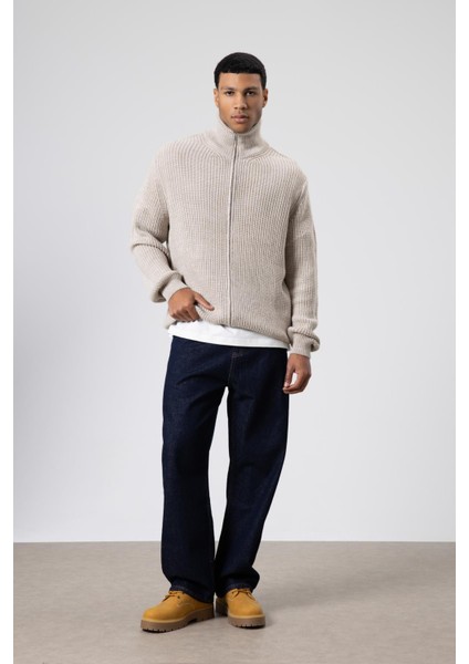 Oversize Fermuarlı Triko Hırka Koyu Taş fiyatları