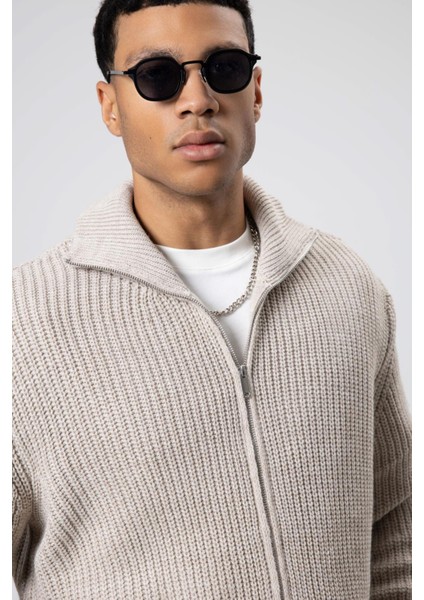 Oversize Fermuarlı Triko Hırka Koyu Taş fırsatları