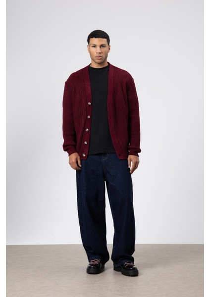 V Yaka Düğmeli Örgü Hırka Kazak Bordo