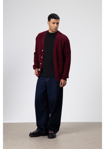 V Yaka Düğmeli Örgü Hırka Kazak Bordo modelleri