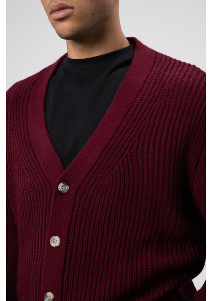 V Yaka Düğmeli Örgü Hırka Kazak Bordo fırsatları