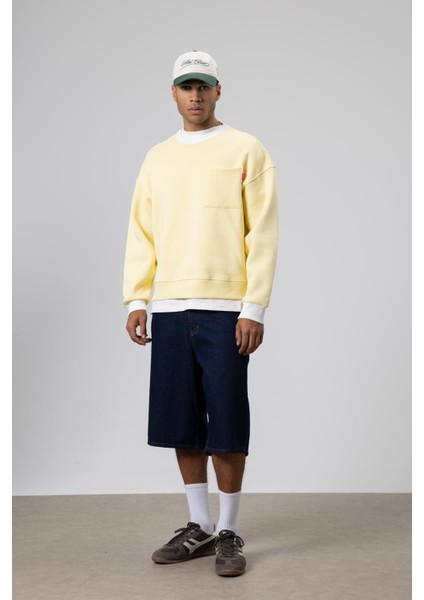 Bisiklet Yaka Cep Detaylı Oversize Sweatshirt Sarı