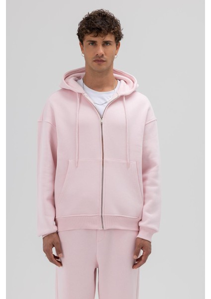 Basic Fermuarlı Oversize Kapüşonlu Sweatshirt Pembe modelleri