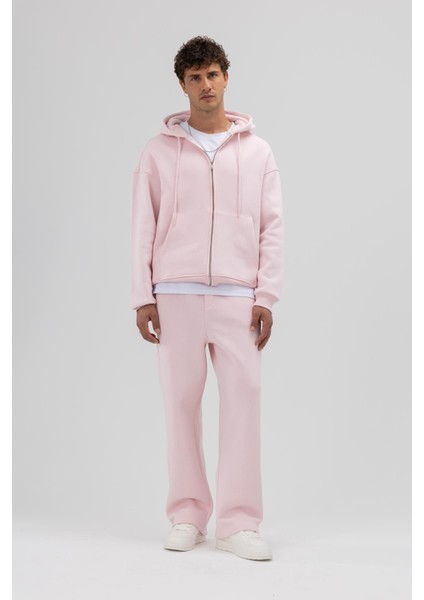 Basic Fermuarlı Oversize Kapüşonlu Sweatshirt Pembe indirimleri