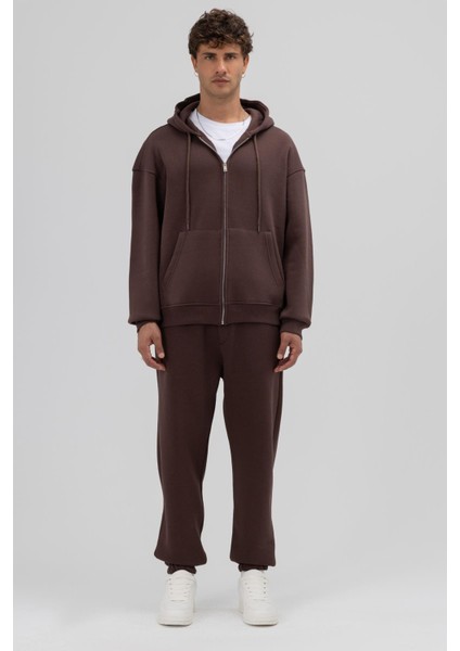 Basic Fermuarlı Oversize Kapüşonlu Sweatshirt Kahve