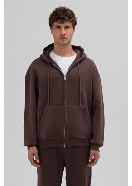Basic Fermuarlı Oversize Kapüşonlu Sweatshirt Kahve fiyatları