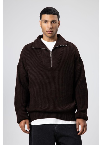 Yarım Fermuarlı Triko Kazak Açık Kahve modelleri