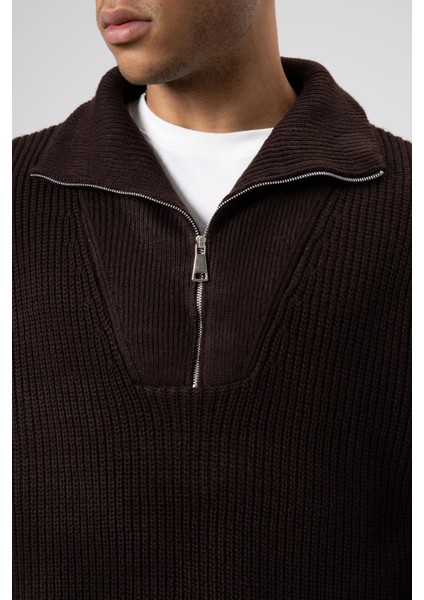 Yarım Fermuarlı Triko Kazak Açık Kahve fırsatları