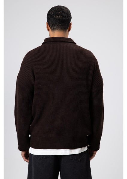 Yarım Fermuarlı Triko Kazak Açık Kahve indirimleri